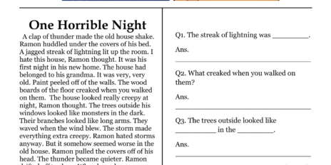 One Horrible Night Comprehension Worksheet