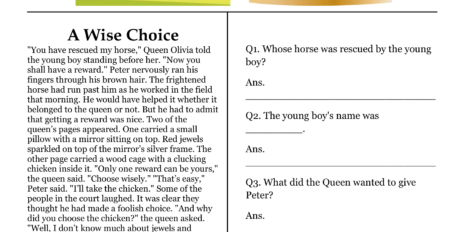 A Wise Choice Comprehension Worksheet
