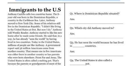 Immigrants to the US Comprehension Worksheet