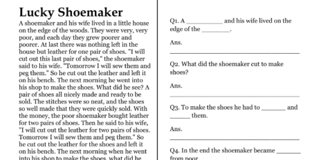 Lucky Shoemaker Comprehension Worksheet