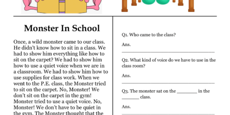 Monster In School Comprehension Worksheet
