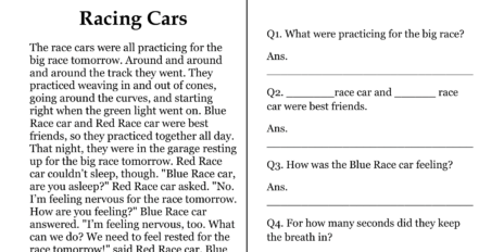 Racing Cars Comprehension Worksheet
