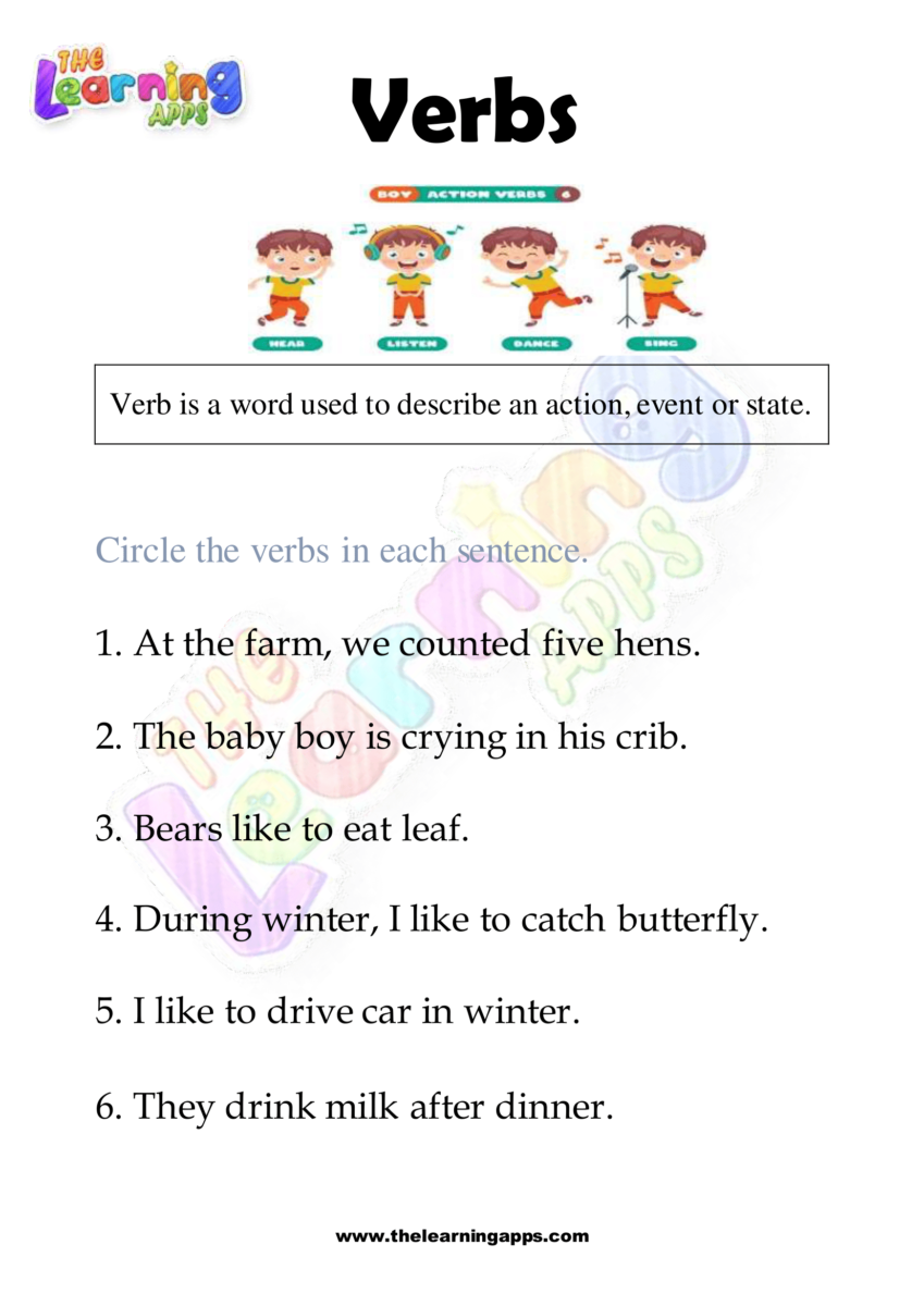 Download Free Printable Verb Worksheet 01 For Kids 