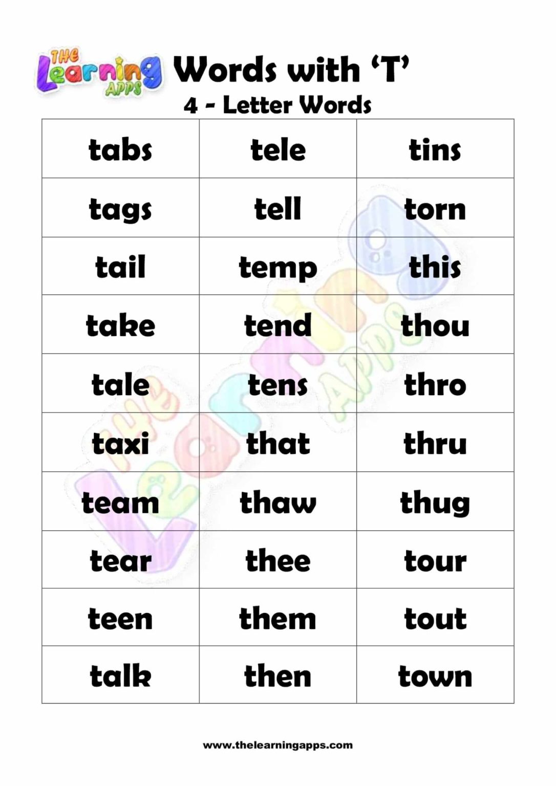 Download free printable 4 LETTER WORD STARTING WITH T