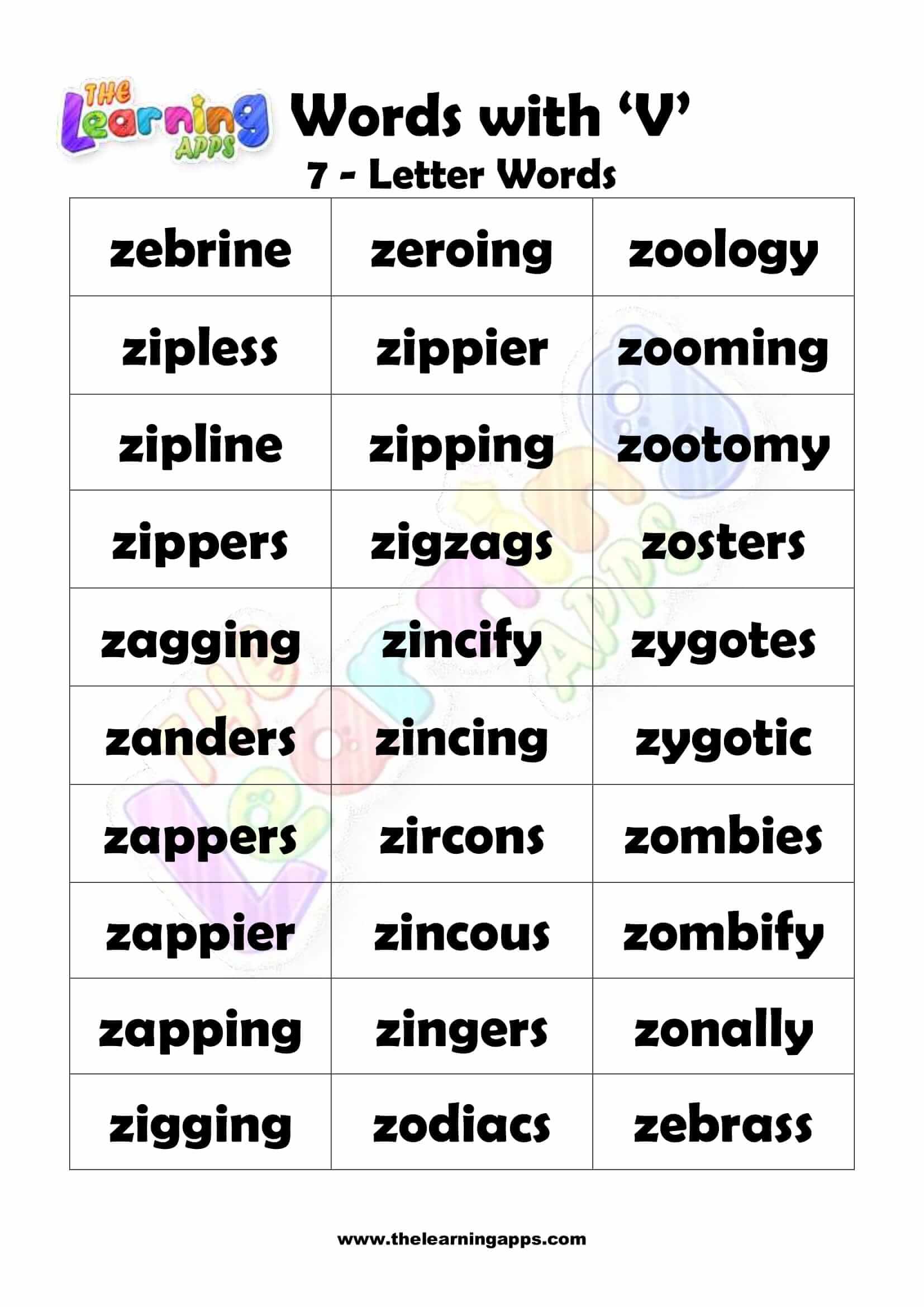 Download Free Printable 7 LETTER WORD STARTING WITH Z