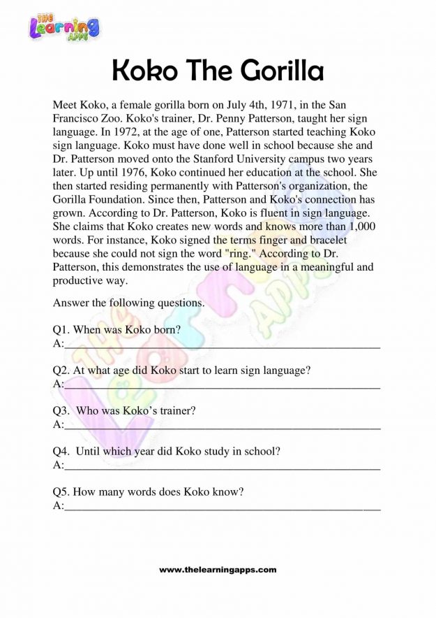 Non Fiction Reading Passages - Grade 2 - Koko The Gorilla