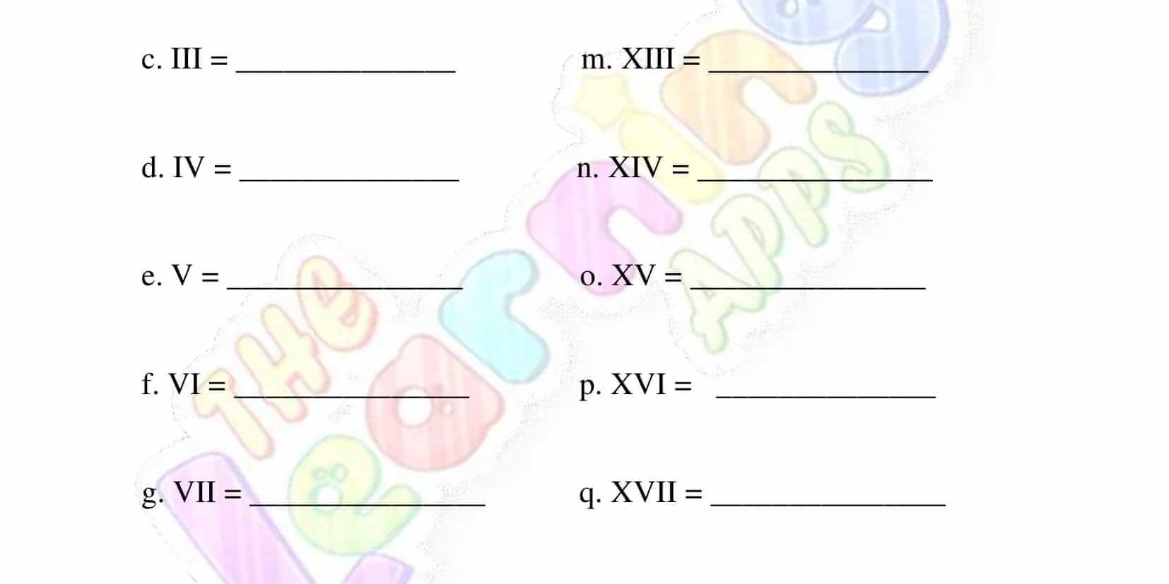 Roman Numerals - Grade 1 - Activity 2