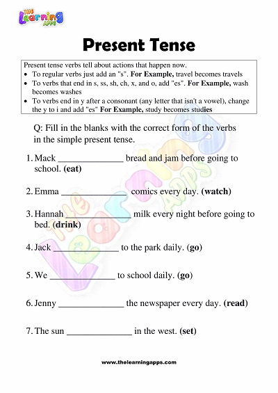 Download Printable The Present Tense Worksheets for Grade 3