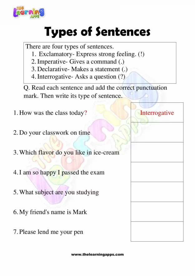 Types of Sentences Worksheets for Grade 3 Activity 1