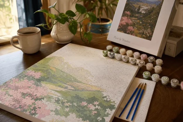 Partially completed paint by numbers canvas surrounded by paint pots and brushes on a wooden table