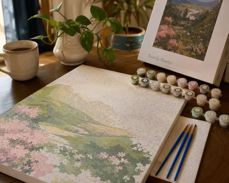 Partially completed paint by numbers canvas surrounded by paint pots and brushes on a wooden table