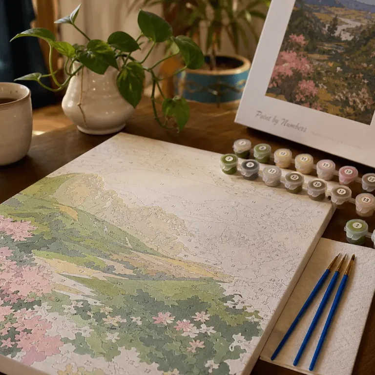 Partially completed paint by numbers canvas surrounded by paint pots and brushes on a wooden table