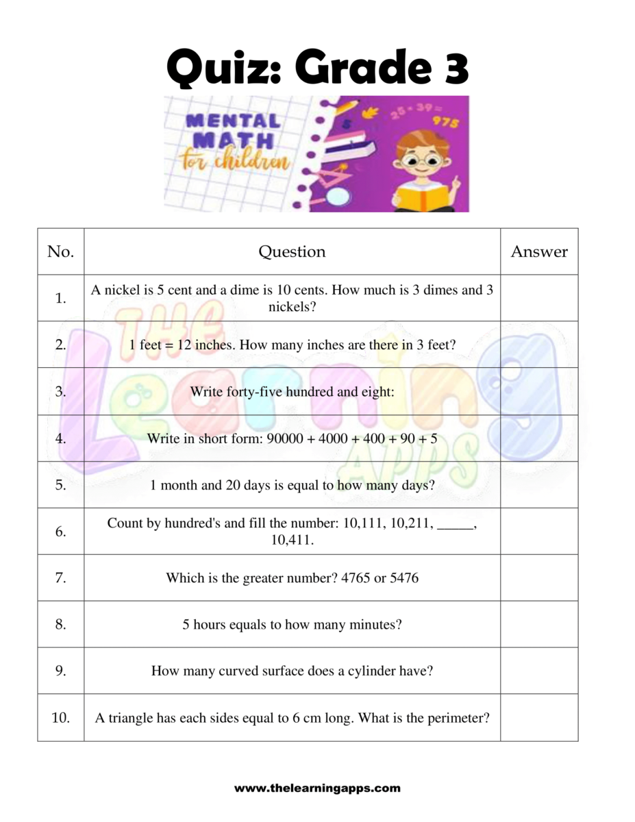 free mental math worksheets grade 3 students